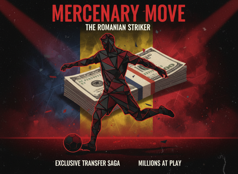 Soccer transfer concept art, red and black team colors, silhouette of striker player, Romanian flag subtle in background, stack of money, dramatic noir lighting, sports magazine cover style