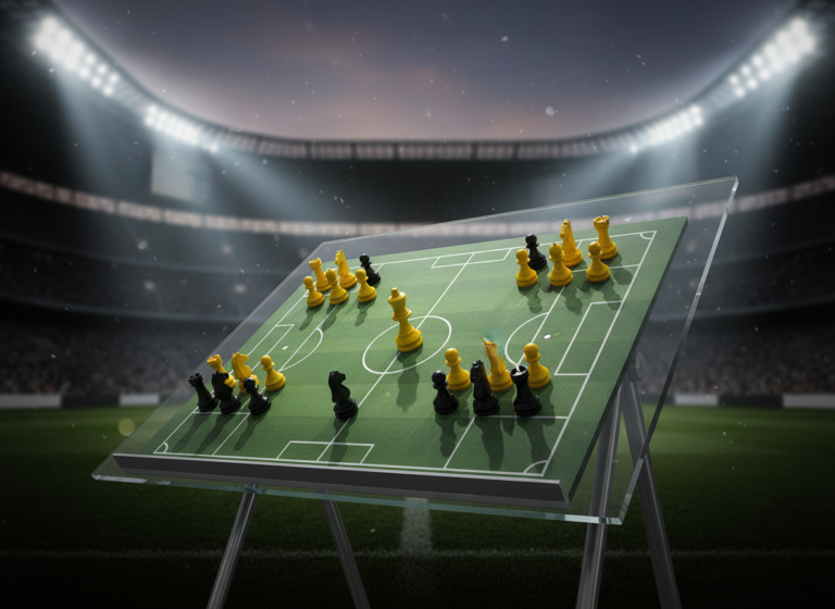 Soccer tactics board with yellow and black team colors, dramatic stadium lighting, chess pieces on a football pitch formation diagram, cinematic sports photography style, moody atmosphere