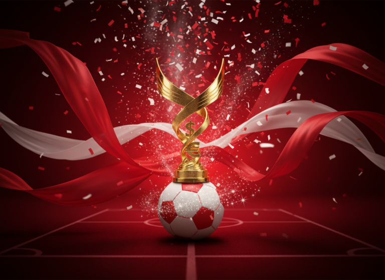 Abstract soccer concept with red and white colors, golden trophy and money symbols, women's soccer ball with sparkles, celebratory confetti, dramatic red lighting, sports editorial style