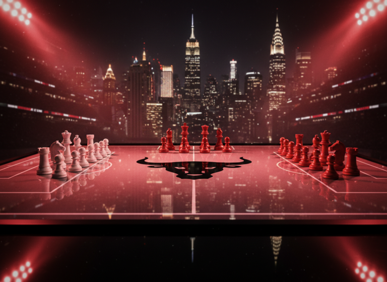 Soccer tactics board with red and white team colors, energy drink bull logo silhouette, dramatic stadium lighting, New York City skyline in background, chess pieces on football pitch formation, sports editorial photography style, moody red lighting