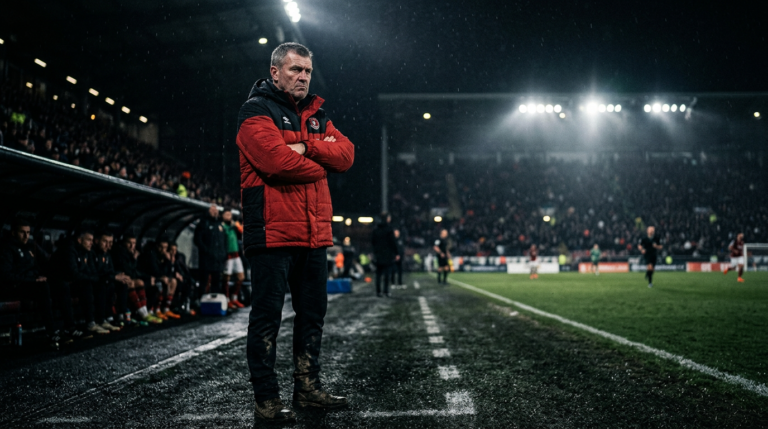 A stone-faced coach standing on a dark soccer sideline at night, arms crossed, red and black color scheme, dramatic shadows, cold moody atmosphere, cinematic wide shot, no text, photorealistic