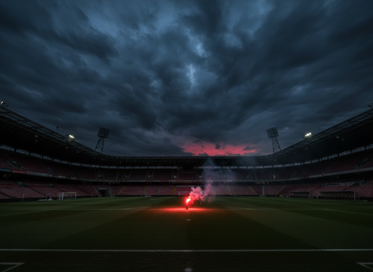 Dramatic dark sky over a soccer stadium at night, a single red flare fading out on an empty pitch, black and deep red color palette, cinematic wide shot, moody and atmospheric, no text, photorealistic