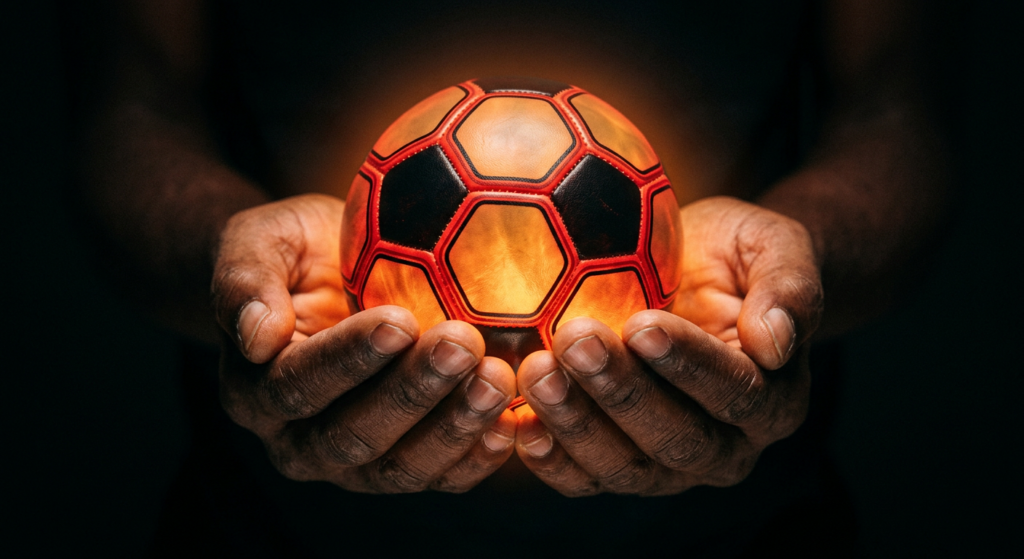 Two hands gently holding a glowing soccer ball in darkness, red and black color scheme, warm dramatic lighting, cinematic close up, no text, photorealistic